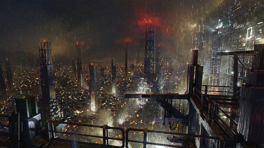 Cyberpunkowe miasto przesiąknięte deszczem z Deus Ex Tapeta HD