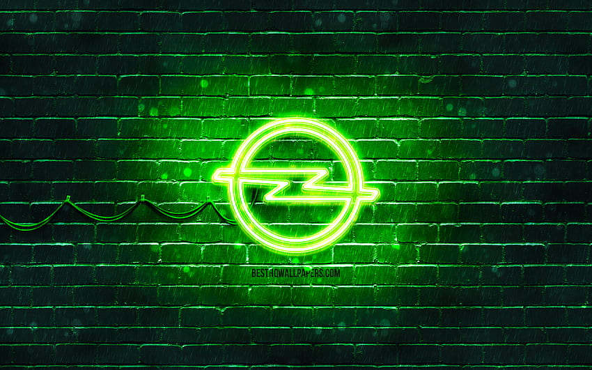 Logo verde Opel, muro di mattoni verde, logo Opel, marche automobilistiche, logo neon Opel, Opel Sfondo HD
