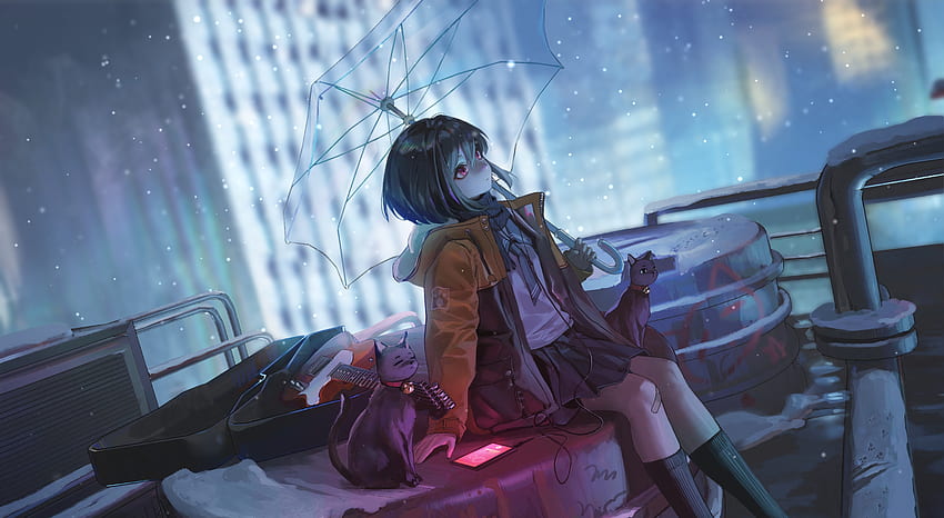 Chica con paraguas sentada en un tejado nevado con gatos 2К - anime live [ ] fondo de pantalla
