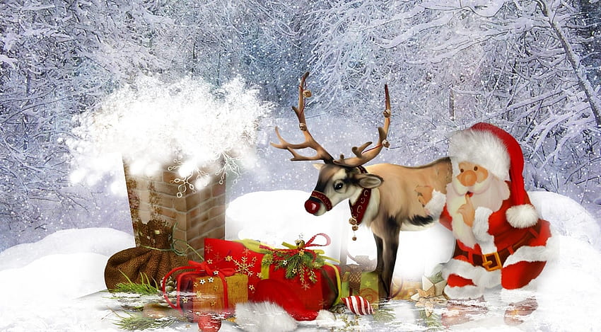 Holidays, Santa Claus, Christmas, Trumpet, Pipe, Roof, Deer, Presents, Gifts HD wallpaper