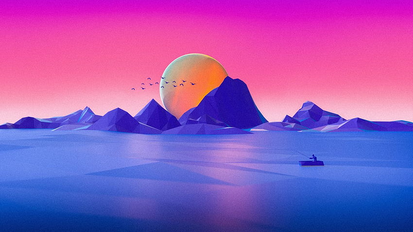 Landschaft, Neon, Minimal, Pink, Sonnenuntergang, Meereslandschaft, Neon Purple Mountain HD-Hintergrundbild