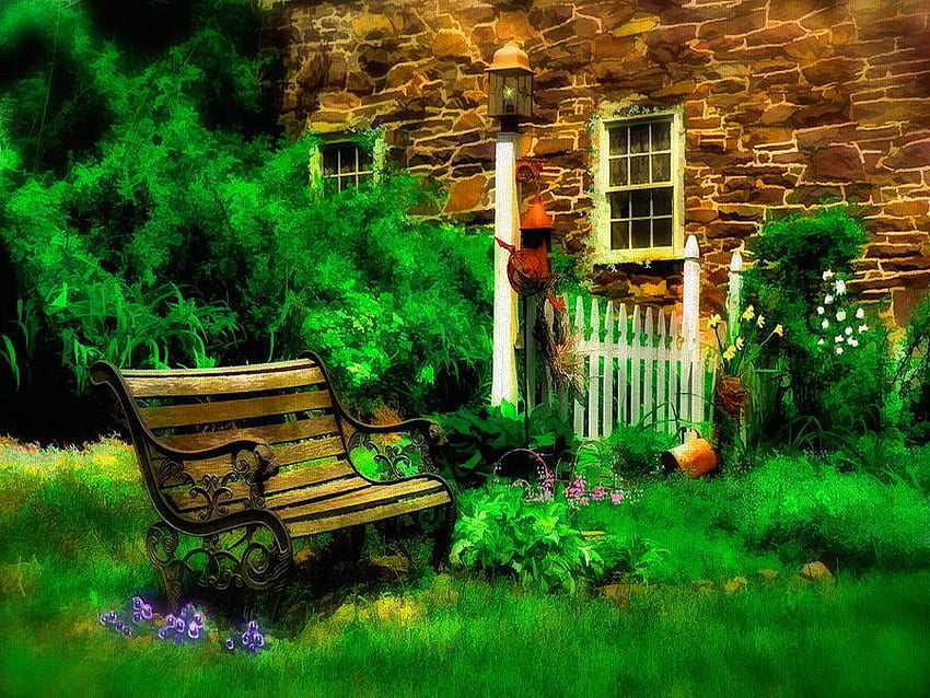 Country garden, bench, green, house, garden, grass, country HD wallpaper