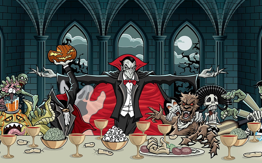 Art, Halloween, Pumpkin, Dracula, Vampire, Feast HD wallpaper