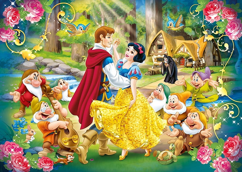 白雪姫、ドワーフ、チャーミングな王子様、ダンス、ディズニー、ファンタジー、イエロー、レッド、カップル、コテージ、ルミノス 高画質の壁紙