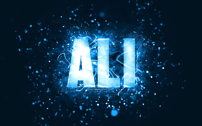 Happy Birtay Ali, , blaue Neonlichter, Name Ali, kreativ, Ali Happy Birtay, Ali Birtay, beliebte amerikanische männliche Namen, mit Ali-Namen, Ali HD-Hintergrundbild