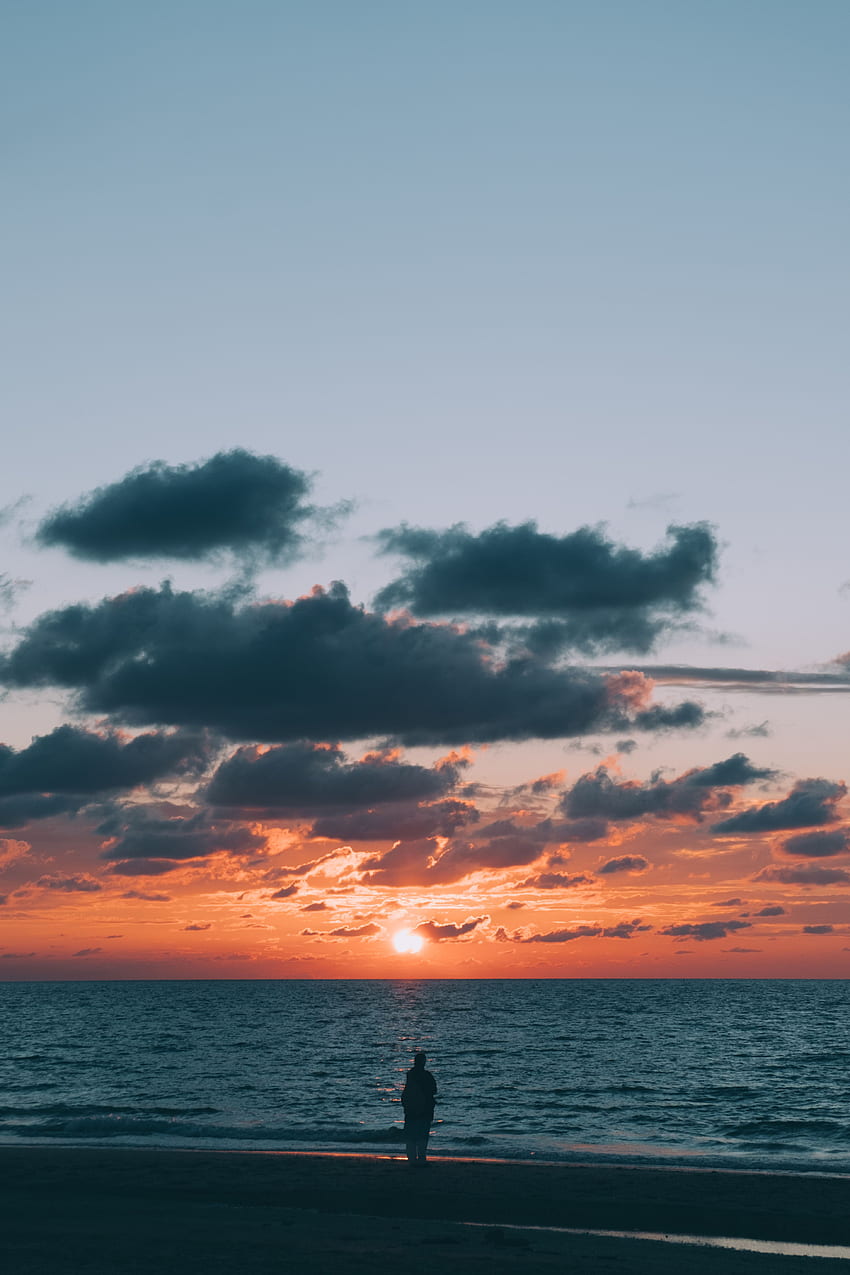 ธรรมชาติ พระอาทิตย์ตก ทะเล ขอบฟ้า เงา ความเงียบสงบ ความเป็นส่วนตัว ความเหงา วอลล์เปเปอร์โทรศัพท์ HD