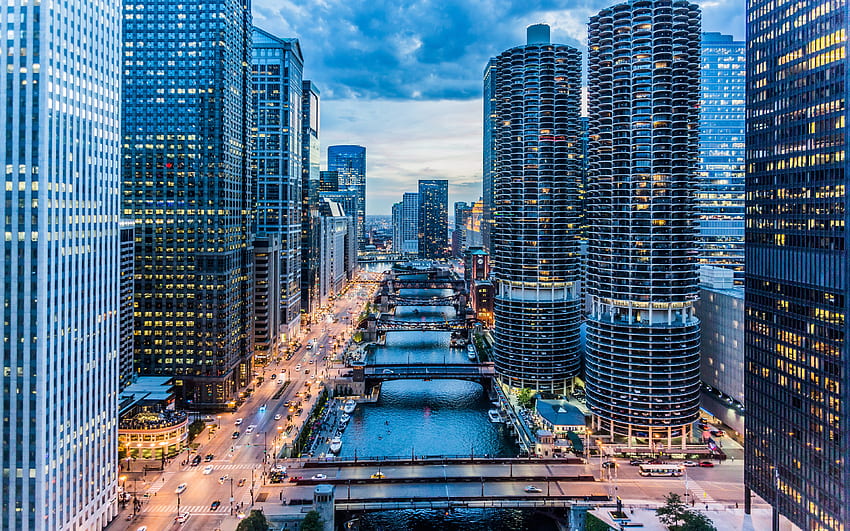 Chicago, skyscrapers, business centers, evening, sunset, modern buildings, Chicago cityscape, Illinois, USA HD wallpaper