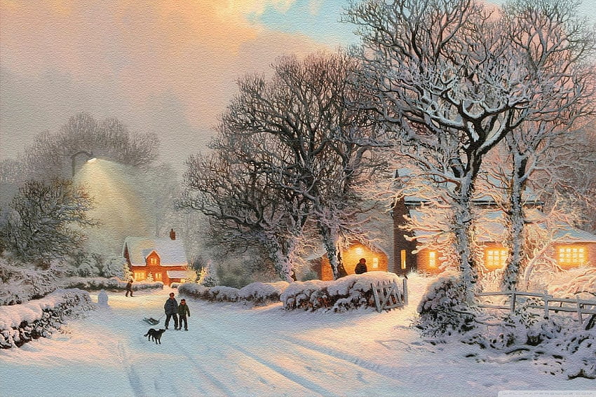 Village In Winter Painting, Rustic Winter HD wallpaper