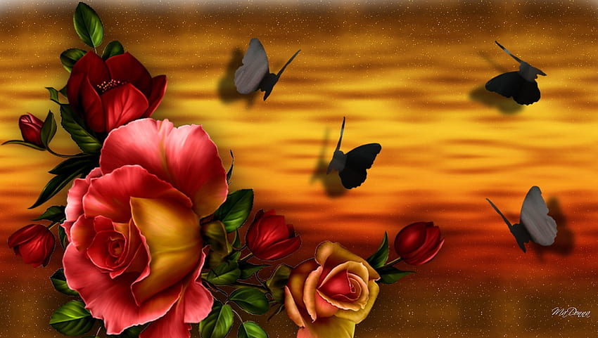 Warna matahari terbenam, bayangan, mawar, papillon, fleur, musim semi, matahari terbit, musim panas, kupu-kupu, mawar, bunga, langit, matahari terbenam Wallpaper HD