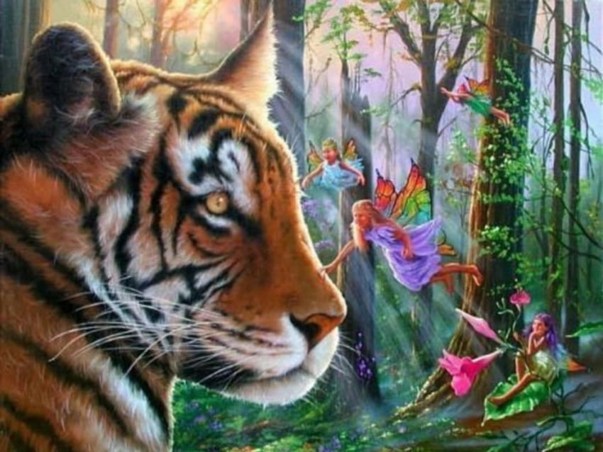 tiger and fairy, fairy, tiger, color, light, trees, nature, forest HD wallpaper