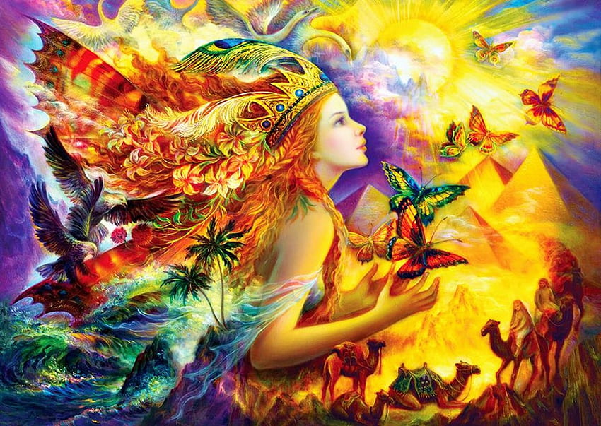 Butterfly's Dream, palms, sea, fairy, artwork, birds, painting, girl, eagles HD wallpaper