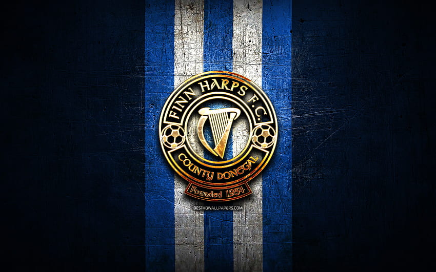 Finn Harps FC, златно лого, Висша дивизия на лигата на Ирландия, син метален фон, футбол, ирландски футболен клуб, лого на Finn Harps FC, футбол, FC Finn Harps HD тапет