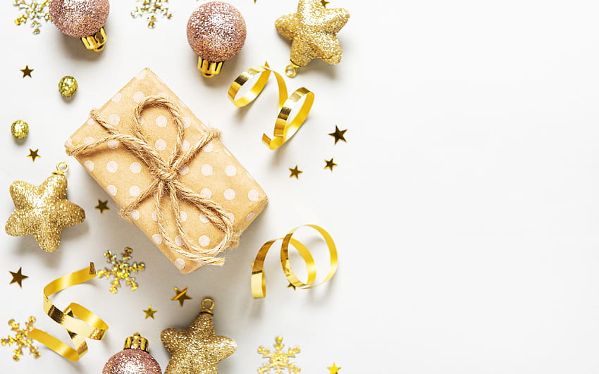 goldenes weihnachtsgeschenk, frohe weihnachten, guten rutsch ins neue jahr, geschenkbox mit goldbank, weihnachten, goldener weihnachtshintergrund HD-Hintergrundbild