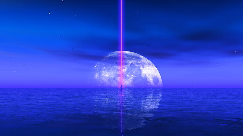 Meereslandschaft, Mond, Nacht, blaue Meereslandschaft, Fantasie, Kunst HD-Hintergrundbild