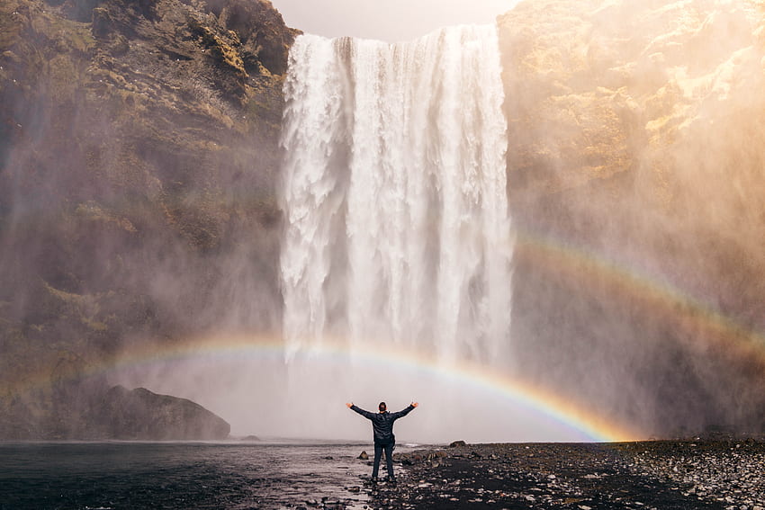 Nature, Rainbow, Waterfall, Human, Person, dom HD wallpaper