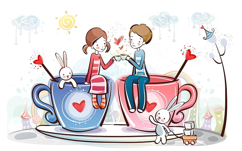 serca, słońce, kubki, miłość, para, para, picie herbaty, spotkanie przy herbacie, zające Tapeta HD