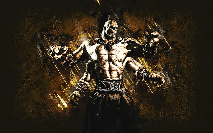 Goro, Mortal Kombat, latar belakang batu coklat, Mortal Kombat 11, seni grunge Goro, karakter Mortal Kombat, karakter Goro, Goro Mortal Kombat Wallpaper HD