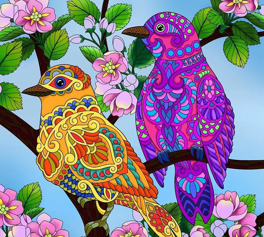 Ptaki, kwiat, ostry taggar, wiosna, pomarańczowy, kolorowy, sztuka, ptak, fioletowy, różowy, fantastyczny, pasari, kwiat Tapeta HD