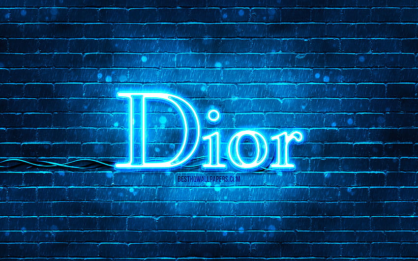 Logotipo azul de Dior, pared de ladrillo azul, logotipo de Dior, marcas de moda, logotipo de neón de Dior, Dior fondo de pantalla