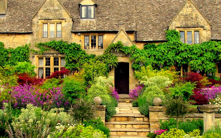 english manor garden, garden, country, cotswold, england HD wallpaper