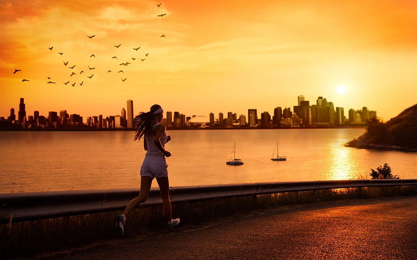 women, sunrise, dawn, sports, running, jogging HD wallpaper