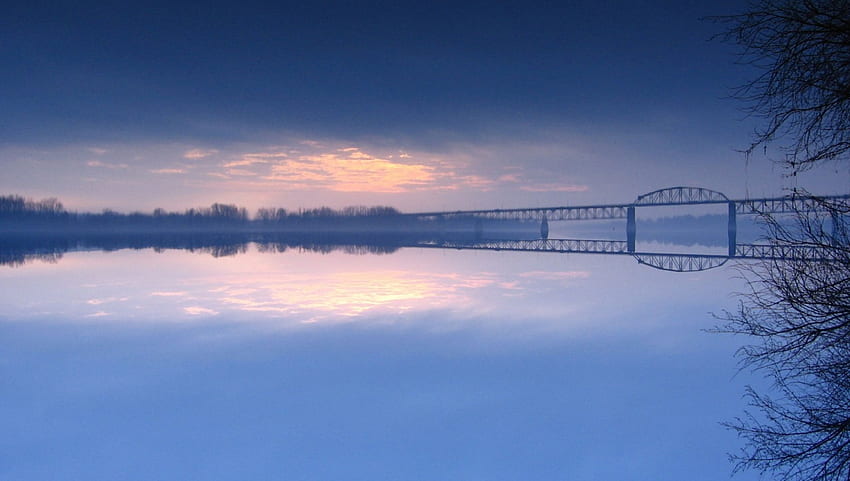bridge over misty river, mist, bridge, clouds, river HD wallpaper