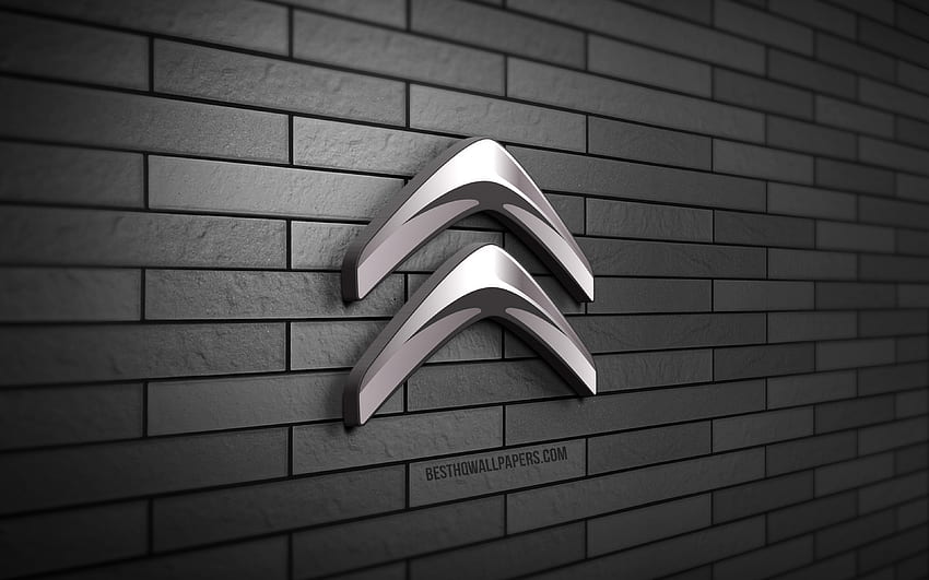 Citroen 3D logo, , gray brickwall, creative, cars brands, Citroen logo, 3D art, Citroen HD wallpaper