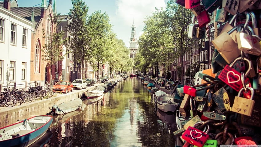 암스테르담의 여름, 자물쇠, 물, 암스테르담, 보트 HD 월페이퍼
