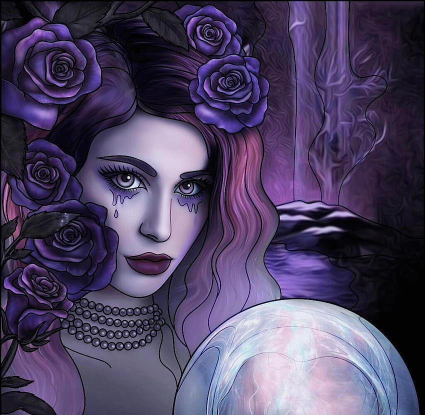 Fortune Teller, fantasy, harsh taggar, girl, gipsy, witch, blue, rose, purple, face HD wallpaper