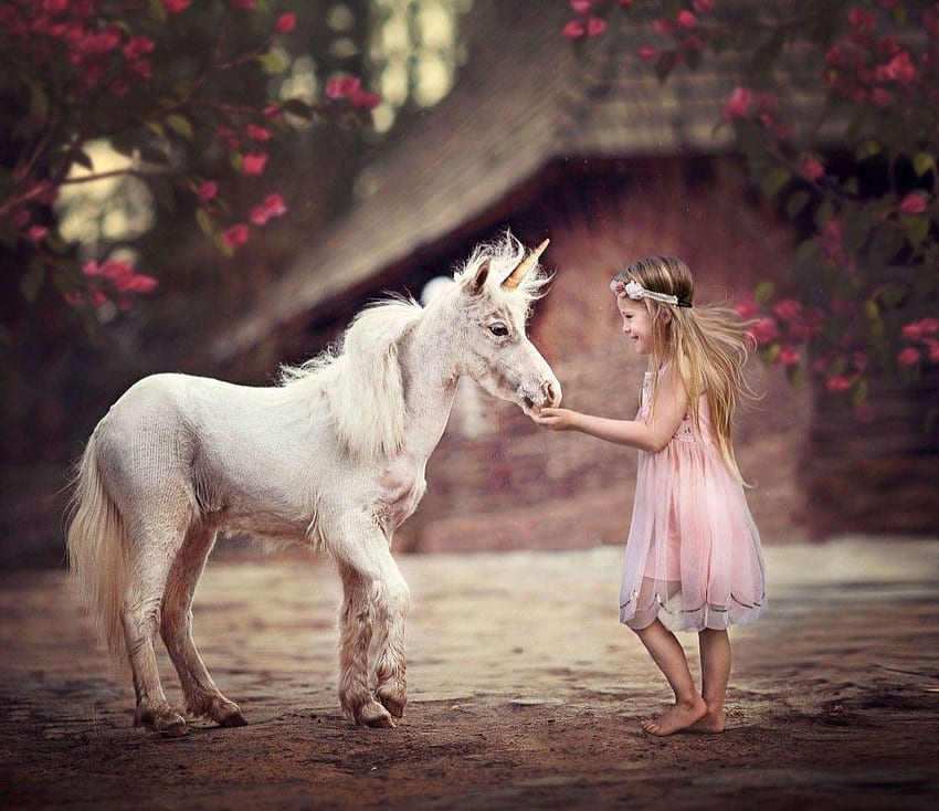 :P, child, copil, pink, cute, unicorn, girl, poney HD wallpaper