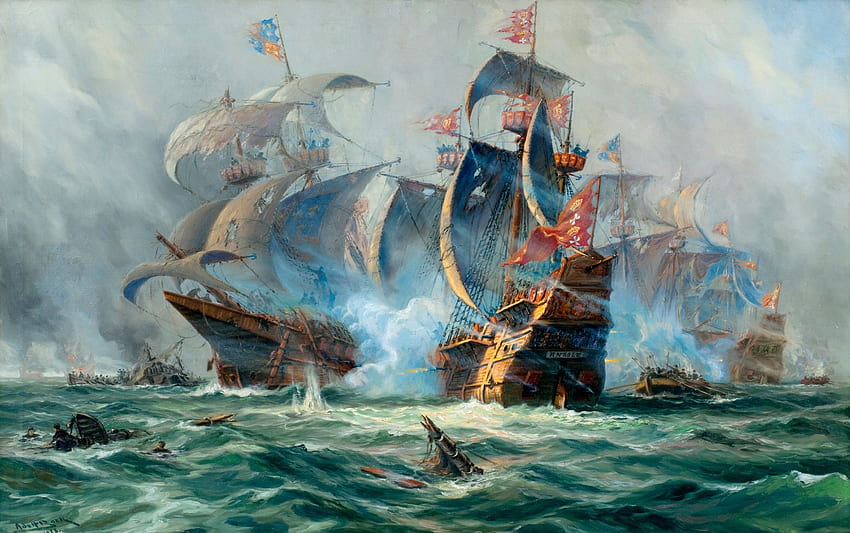 Sea Battle, sea, ships, water, battle HD wallpaper