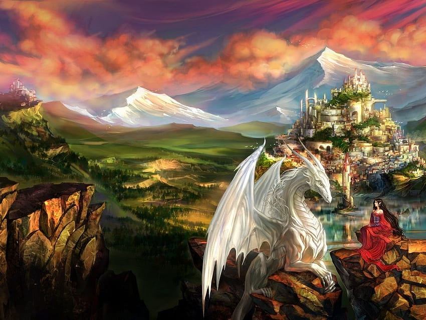 dragon, castle, princess, mountain HD wallpaper