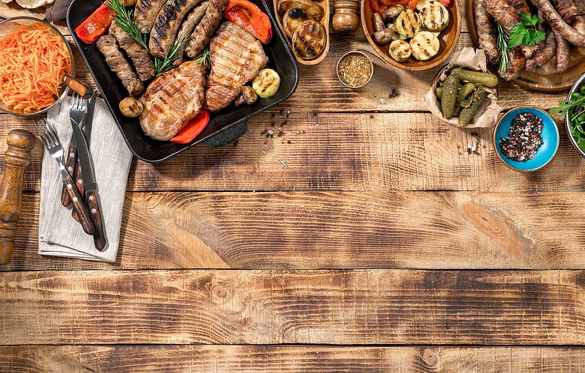 bread, meat, BBQ, vegetables, sauce, wood, meat HD wallpaper