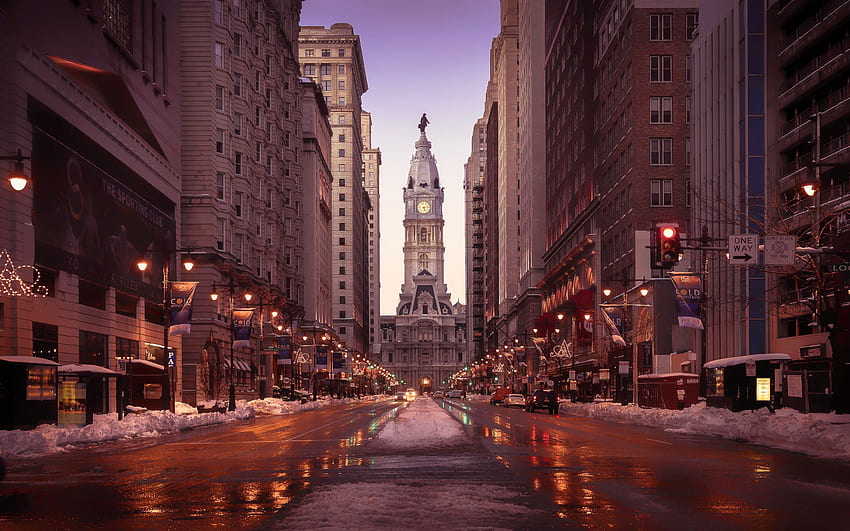 Philadelphia, Balai Kota, jalanan, musim dingin, Musim Dingin Pennsylvania Wallpaper HD