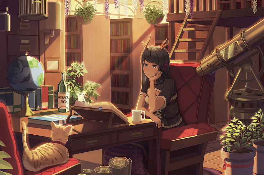 Anime Girl, Horns, Neko, Room, Books, Library, Study for Chromebook Pixel Tapeta HD