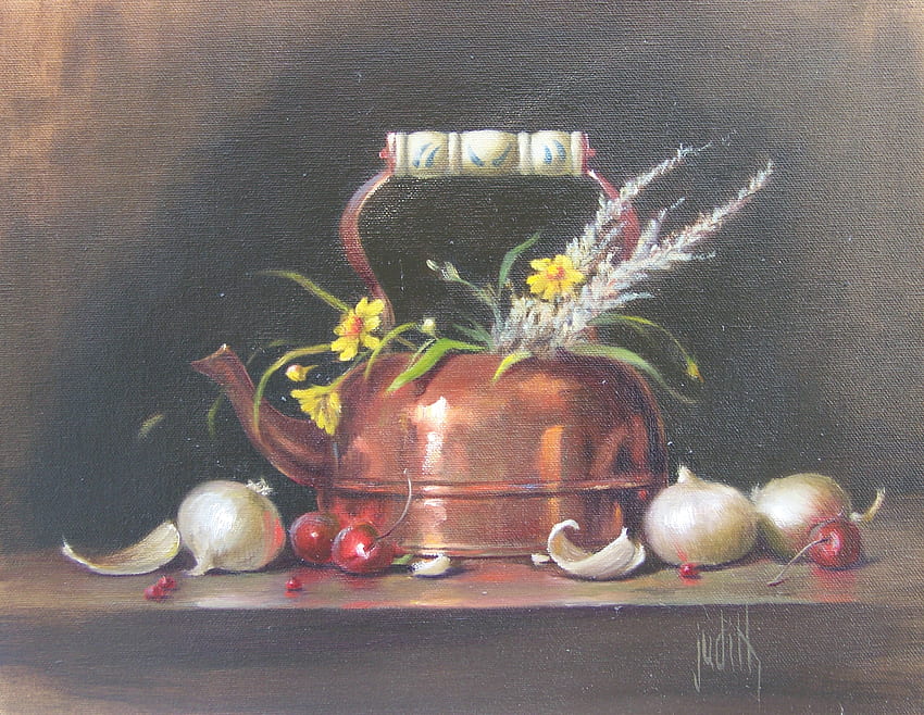Copper Pot, table, handle, brass, cherries, tea pot, copper, onions, flowers, still, porcelain HD wallpaper