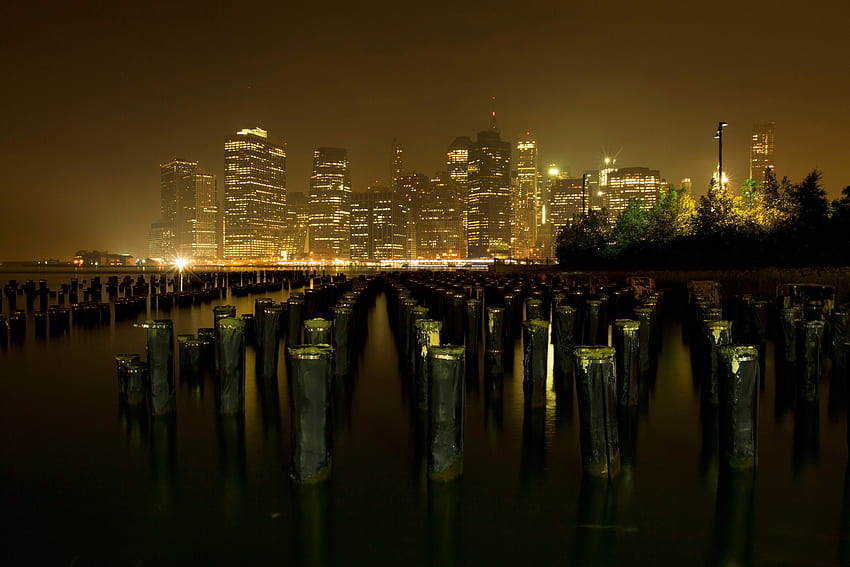 Kota, Sungai, Malam, Gedung, New York Wallpaper HD