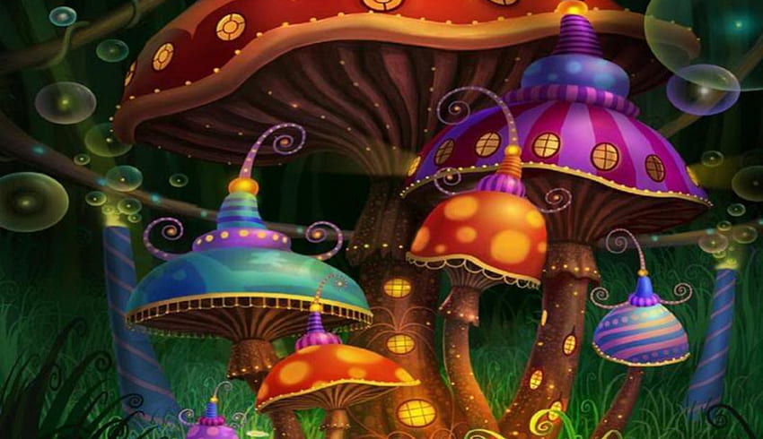 Enchanted Mushroom Village1, bambini, colorati, fantasia, funghi Sfondo HD