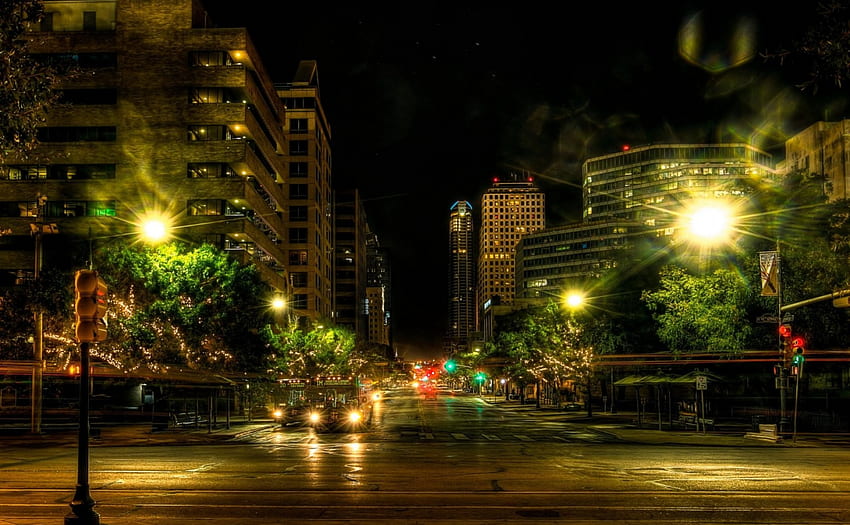 улица през нощта в Остин Тексас r, нощ, град, светлини, улица, r, автобуси HD тапет