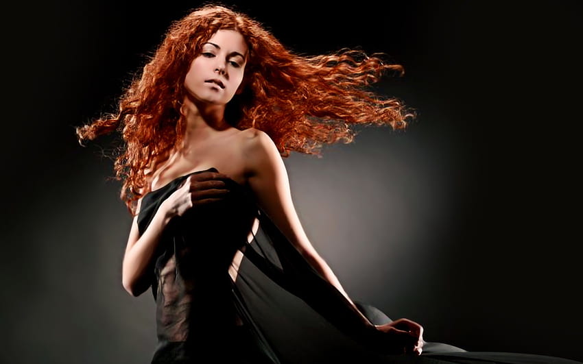 dancing redhead, black, model, pretty, red, dress, woman, female HD wallpaper