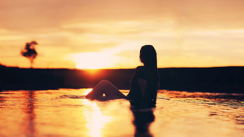 Girl on Australian Beach Sunset HD wallpaper