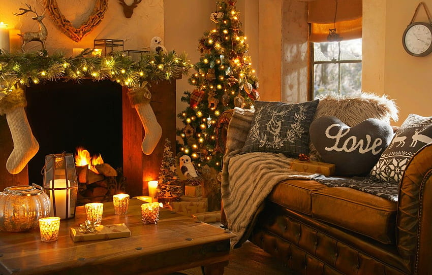 love, lights, heart, interior, candles, fireplace, Christmas Fireplace HD wallpaper