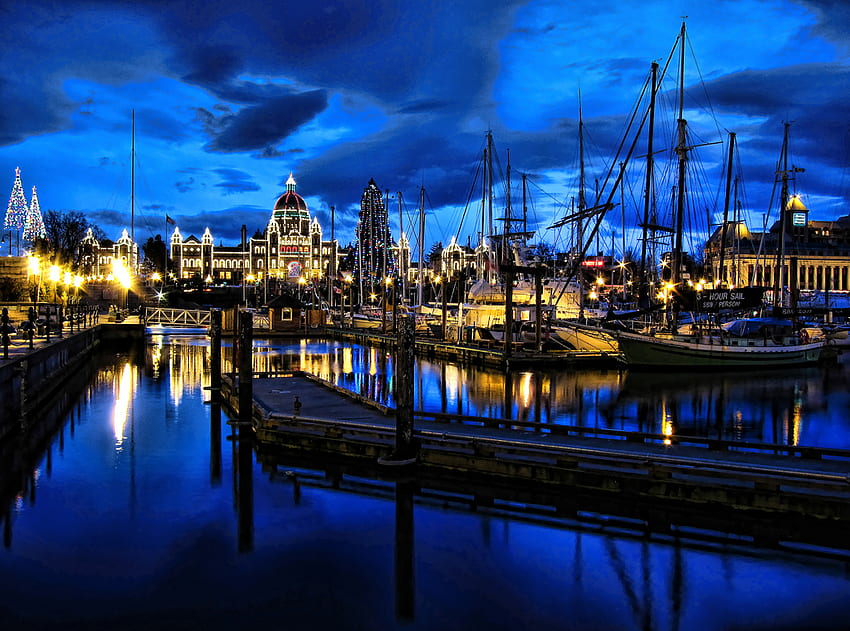 Blue Bay, Hafen, Nacht, blau, Grafik, Bucht, Schönheit, abstrakt, Reflexion, Kanada, Orte, Sonnenuntergang, Meer, Farbe, Vancouver, dunkel, Küstenlinie, Lichter, Aussicht, Himmel HD-Hintergrundbild