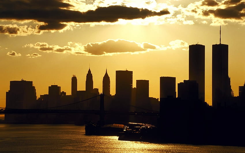 siluetas de torres gemelas en nyc al atardecer, siluetas, rascacielos, ciudad, puesta de sol fondo de pantalla