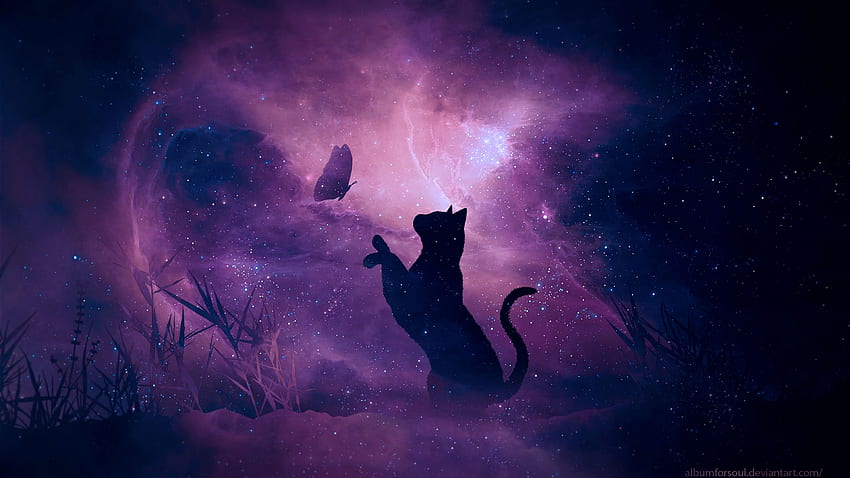 kucing, bayangan hitam, kupu-kupu, langit berbintang, galaksi, bintang, latar belakang bersinar u 16:9, Nebula Kucing Wallpaper HD
