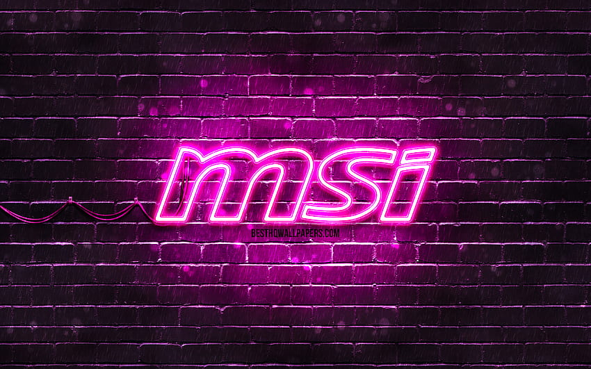 Logo ungu MSI, , brickwall ungu, logo MSI, merek, logo neon MSI, MSI Wallpaper HD