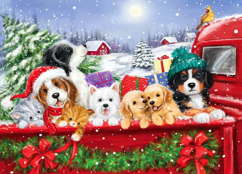 Christmas Puppies On A Truck, winter, dogs, painting, snow HD wallpaper