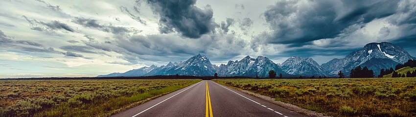 Lange Straße, Berge, dunkle Wolken, Landschaftlich, 7680x2160 HD-Hintergrundbild