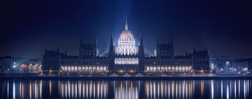 เมือง แม่น้ำ กลางคืน อาคาร ไฟ การสะท้อน แบ็คไลท์ ไฟส่องสว่าง ฮังการี บูดาเปสต์ เขื่อน ท่าเรือ รัฐสภา แม่น้ำดานูบ วอลล์เปเปอร์ HD