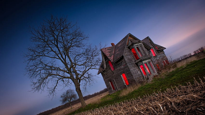 haunted house on the prairie, prairie, haunted, house, fields, dusk, tree HD wallpaper